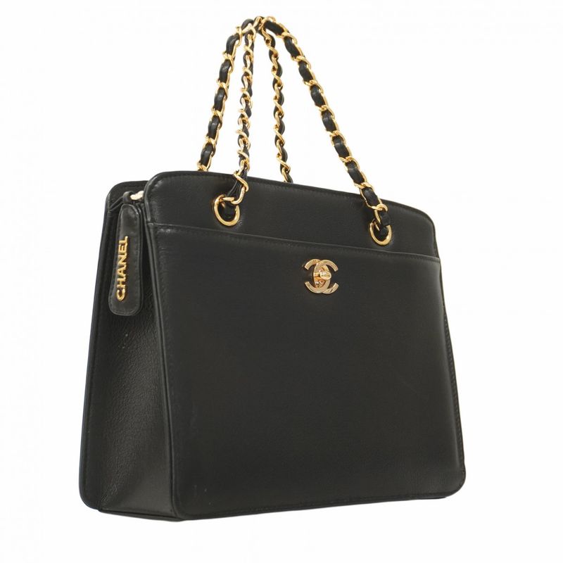 Chanel Handbag Leather Black Gold Hardware Women