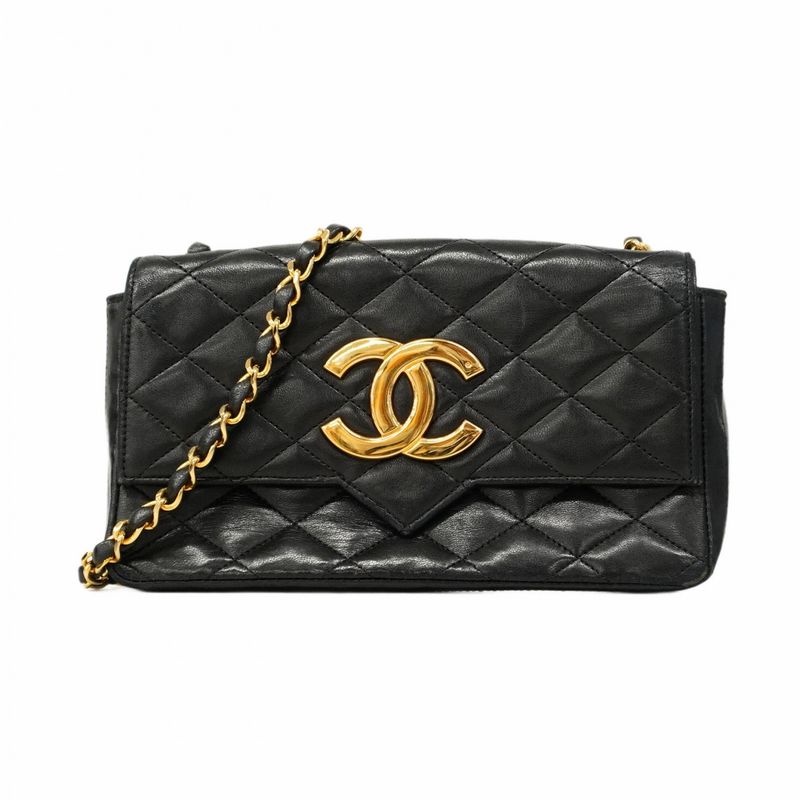 Chanel Shoulder Bag Matelasse Lambskin Black Gold Hardware Women