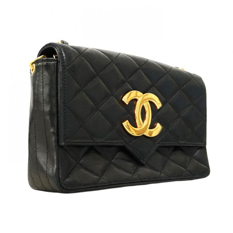 Chanel Shoulder Bag Matelasse Lambskin Black Gold Hardware Women