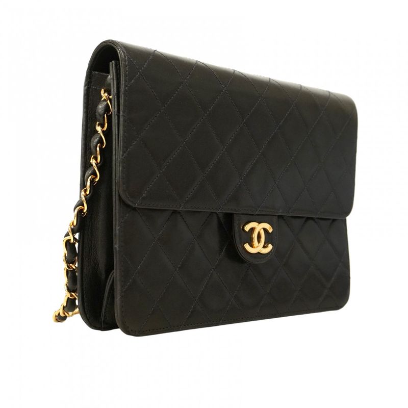 Chanel Shoulder Bag Matelasse Lambskin Black Gold Hardware Women