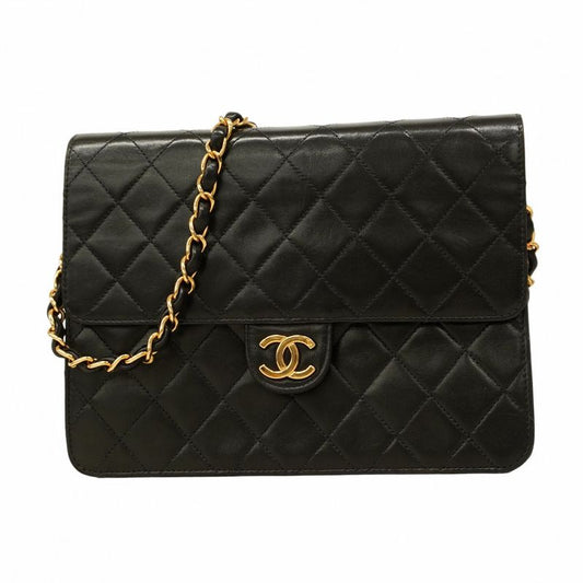 Chanel Shoulder Bag Matelasse Lambskin Black Gold Hardware Women