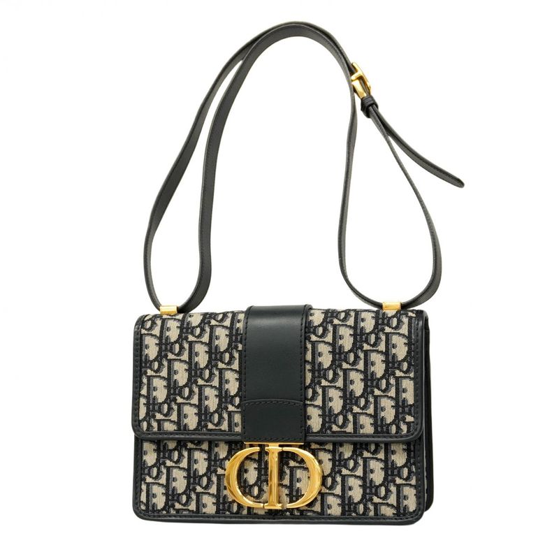 Christian Dior Shoulder Bag Oblique 30 Montaigne Canvas Leather Navy Gold