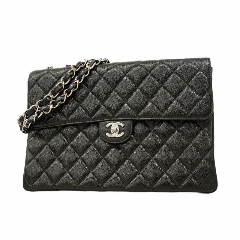 Chanel Shoulder Bag Deca Matelasse Caviar Skin Black Silver Hardware Women