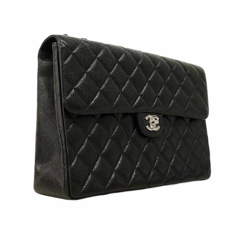 Chanel Shoulder Bag Deca Matelasse Caviar Skin Black Silver Hardware Women