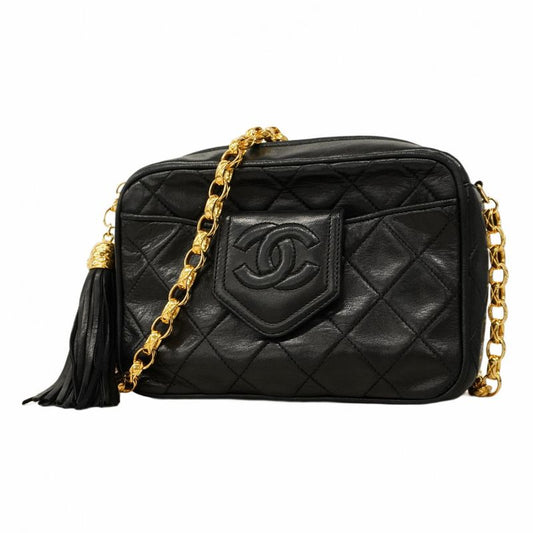 Chanel Shoulder Bag Matelasse Lambskin Black Gold Hardware Women