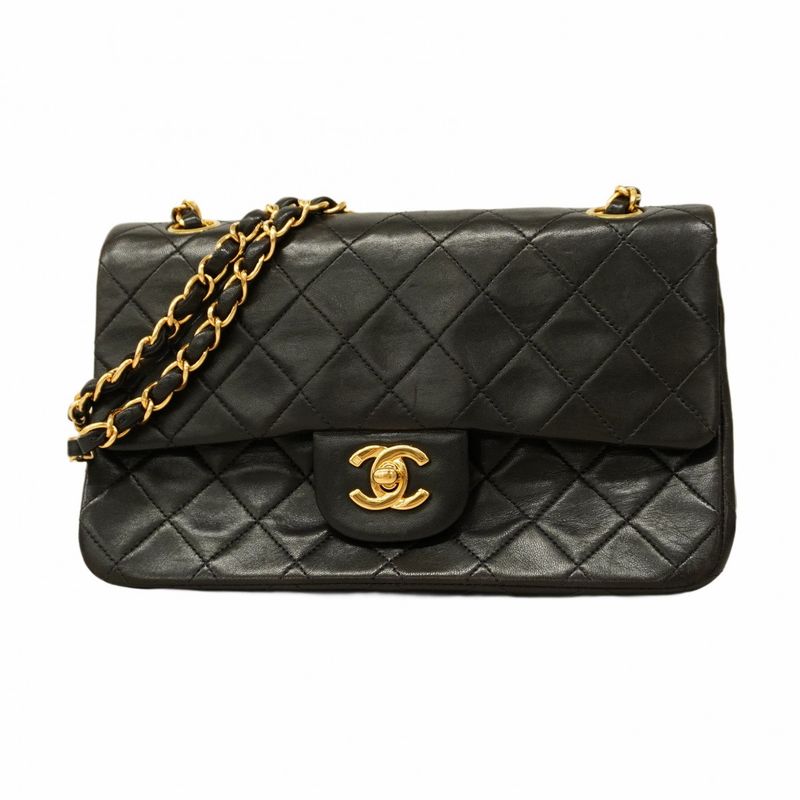Chanel Shoulder Bag Matelasse Lambskin Black Gold Hardware Women