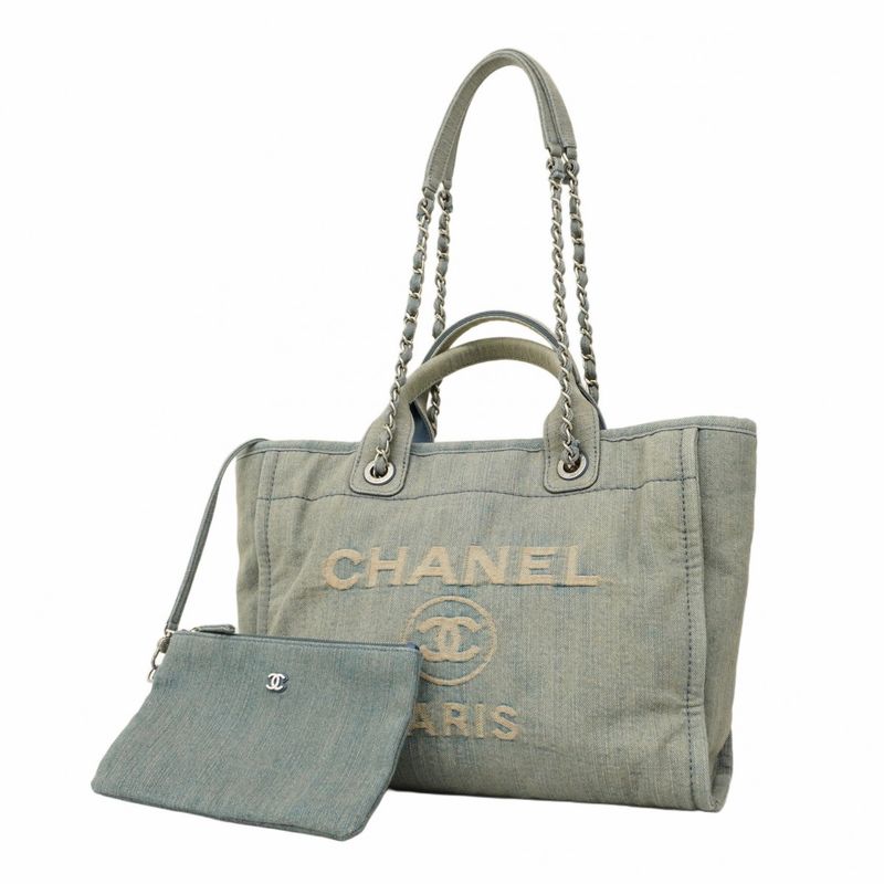 Chanel Tote Bag Deauville Denim Chain Blue Silver Hardware Women