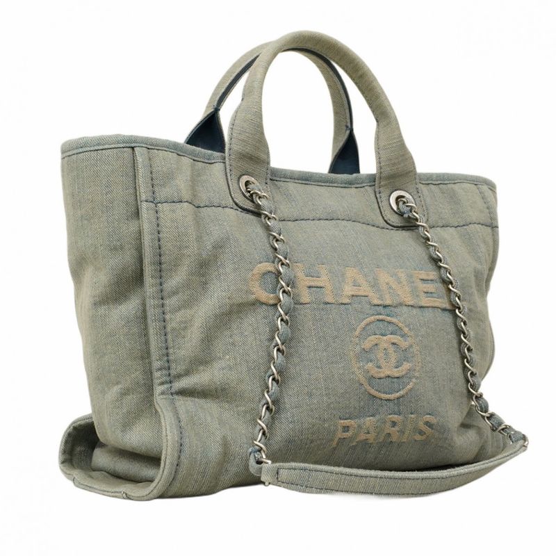 Chanel Tote Bag Deauville Denim Chain Blue Silver Hardware Women