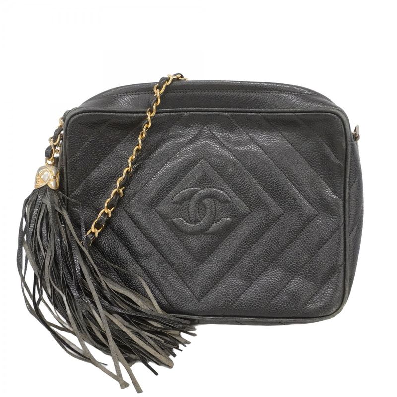 Chanel Shoulder Bag Caviar Skin Black Gold Hardware Women