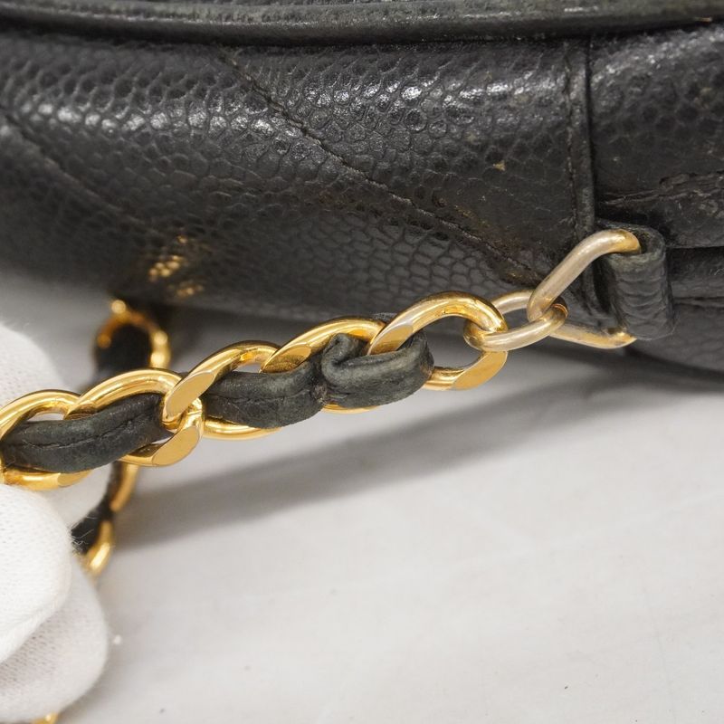 Chanel Shoulder Bag Caviar Skin Black Gold Hardware Women