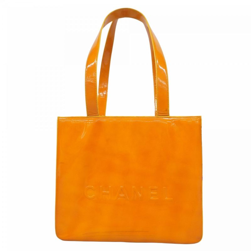 Chanel Tote Bag Patent Leather Orange Gold Hardware Women