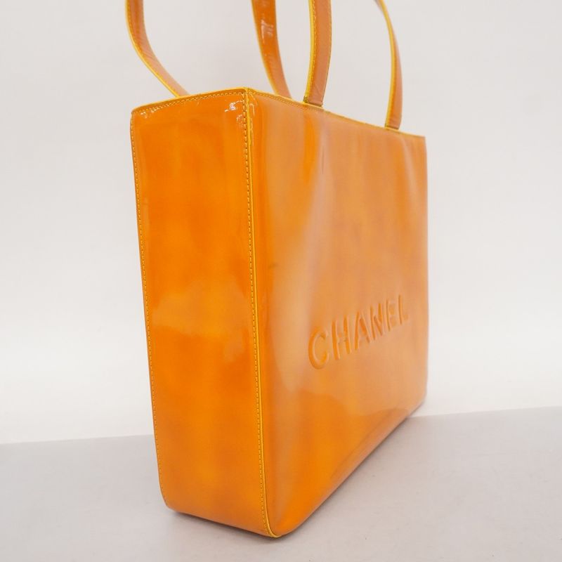 Chanel Tote Bag Patent Leather Orange Gold Hardware Women