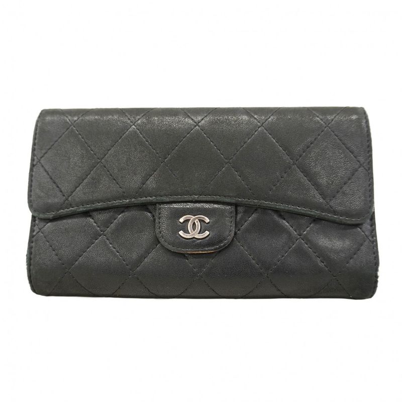 Chanel Trifold Long Wallet Matelasse Lambskin Black Silver Hardware Women