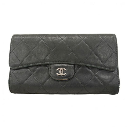 Chanel Trifold Long Wallet Matelasse Lambskin Black Silver Hardware Women