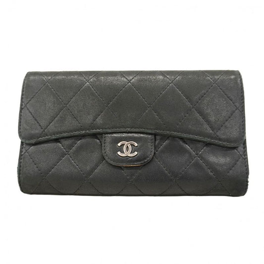 Chanel Trifold Long Wallet Matelasse Lambskin Black Silver Hardware Women