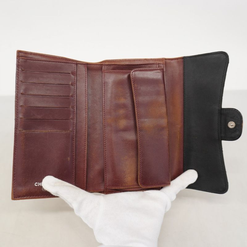 Chanel Trifold Long Wallet Matelasse Lambskin Black Silver Hardware Women
