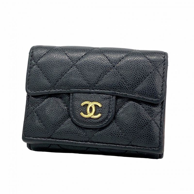 Chanel Trifold Wallet Matelasse Caviar Skin Black Gold Hardware Women