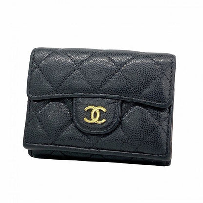 Chanel Trifold Wallet Matelasse Caviar Skin Black Gold Hardware Women