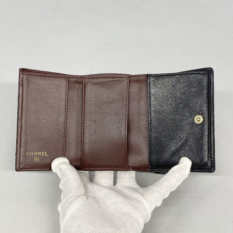 Chanel Trifold Wallet Matelasse Caviar Skin Black Gold Hardware Women