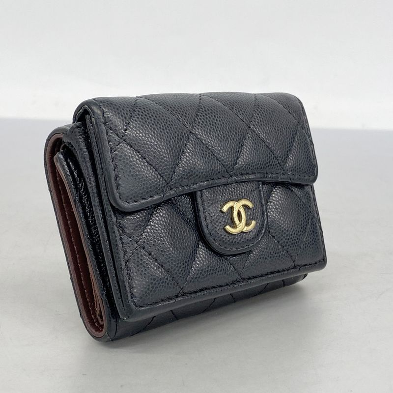 Chanel Trifold Wallet Matelasse Caviar Skin Black Gold Hardware Women