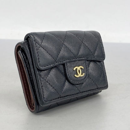 Chanel Trifold Wallet Matelasse Caviar Skin Black Gold Hardware Women