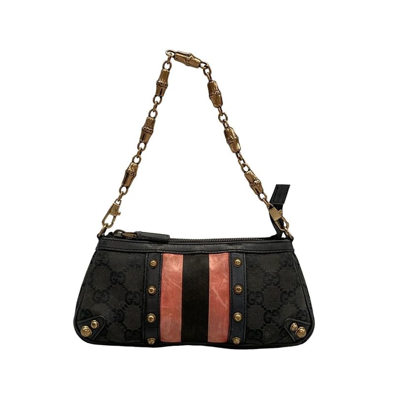 Gucci Handbag GG Pattern 129423 Black And Pink Bamboo Chain