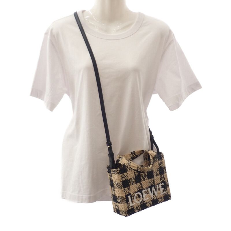 Loewe Font Tote Mini Alf1v46x10 Shoulder Bag Raffia Leather Black Natural