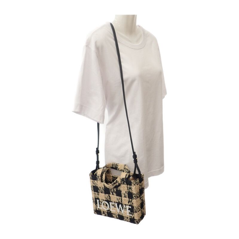 Loewe Font Tote Mini Alf1v46x10 Shoulder Bag Raffia Leather Black Natural