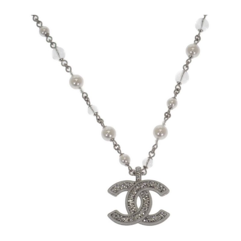 Chanel CC Long Pendant Necklace Metal Faux Pearl Crystal Silver Ladies Coco