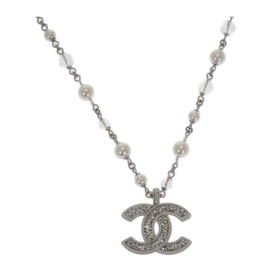 Chanel CC Long Pendant Necklace Metal Faux Pearl Crystal Silver Ladies Coco