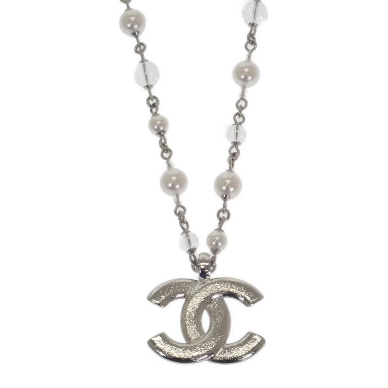 Chanel CC Long Pendant Necklace Metal Faux Pearl Crystal Silver Ladies Coco