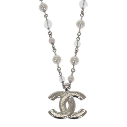 Chanel CC Long Pendant Necklace Metal Faux Pearl Crystal Silver Ladies Coco