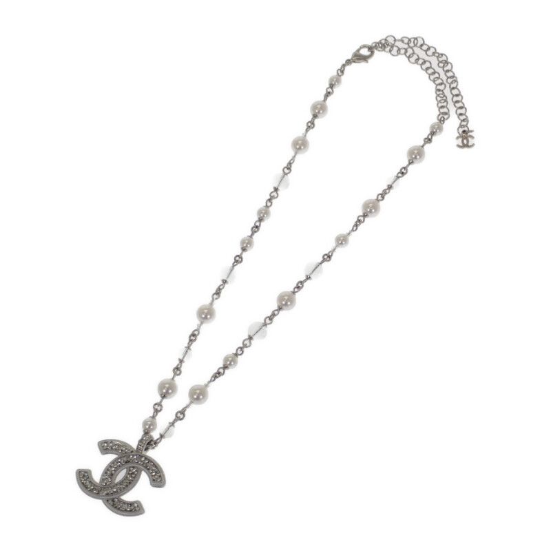 Chanel CC Long Pendant Necklace Metal Faux Pearl Crystal Silver Ladies Coco
