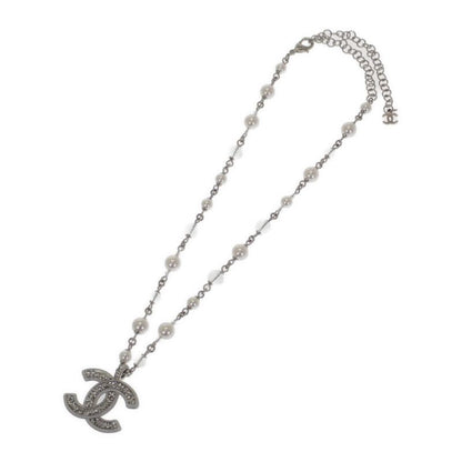 Chanel CC Long Pendant Necklace Metal Faux Pearl Crystal Silver Ladies Coco