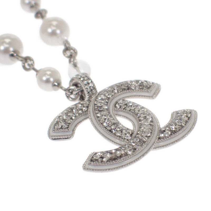 Chanel CC Long Pendant Necklace Metal Faux Pearl Crystal Silver Ladies Coco