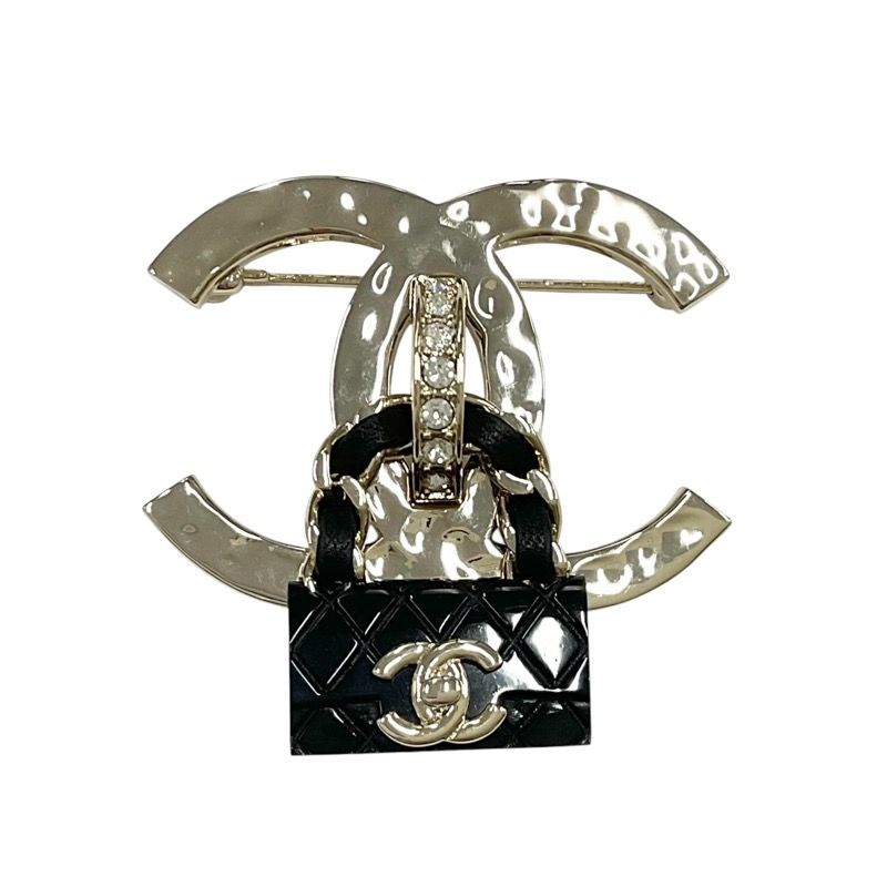 Chanel Brooch Corsage Gold Black Coco Mark Matelasse Rhinestone