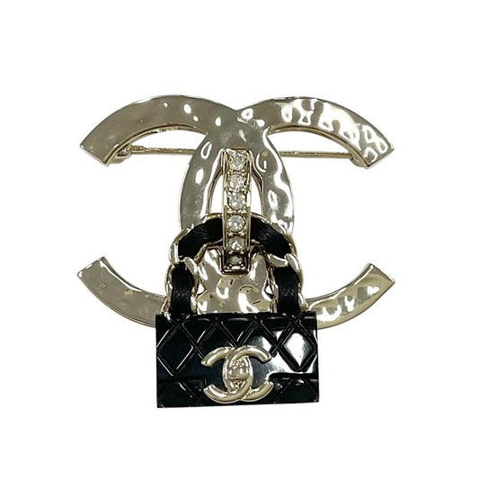 Chanel Brooch Corsage Gold Black Coco Mark Matelasse Rhinestone