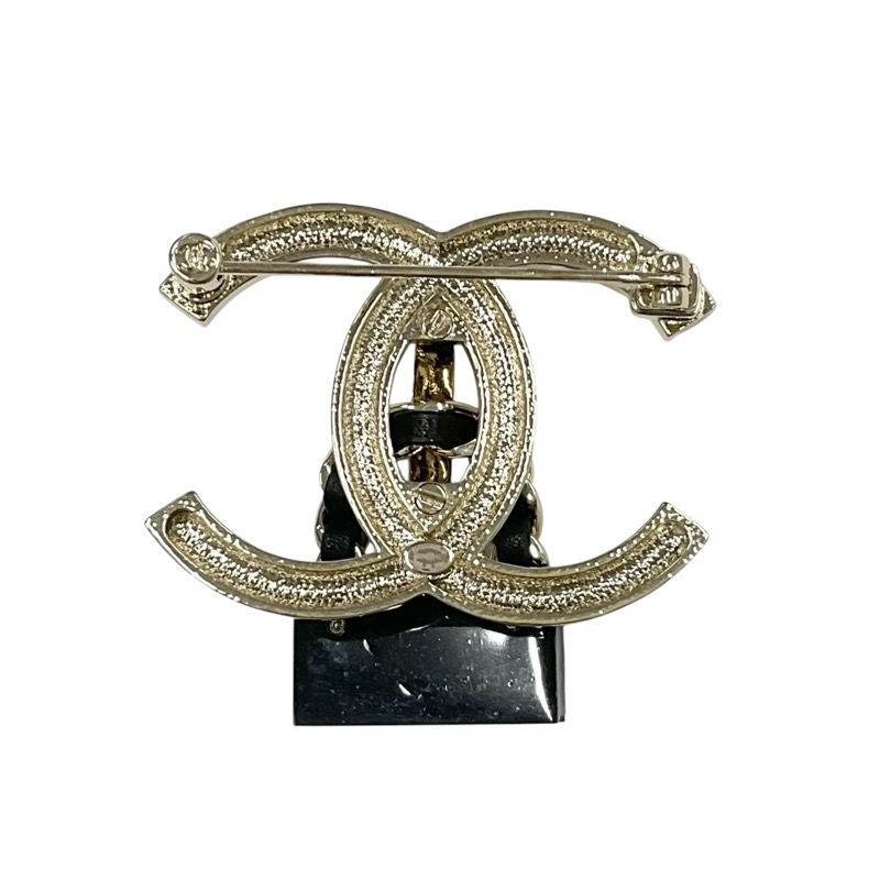 Chanel Brooch Corsage Gold Black Coco Mark Matelasse Rhinestone