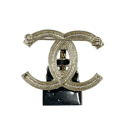 Chanel Brooch Corsage Gold Black Coco Mark Matelasse Rhinestone