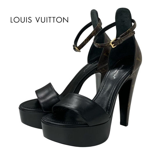 Louis Vuitton Afterglow Line Monogram Sandals Shoes Leather Black Brown Unused