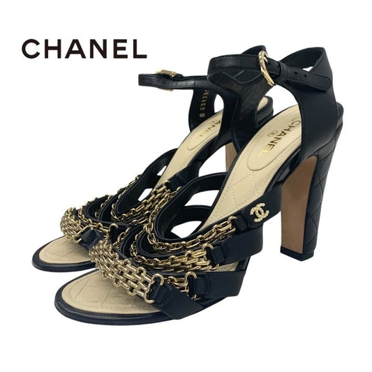Chanel Sandals Shoes Leather Black Gold Coco Mark Chain Strap