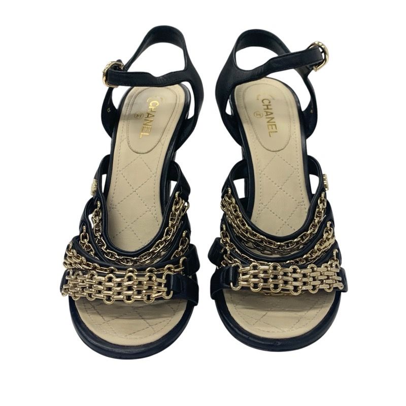 Chanel Sandals Shoes Leather Black Gold Coco Mark Chain Strap