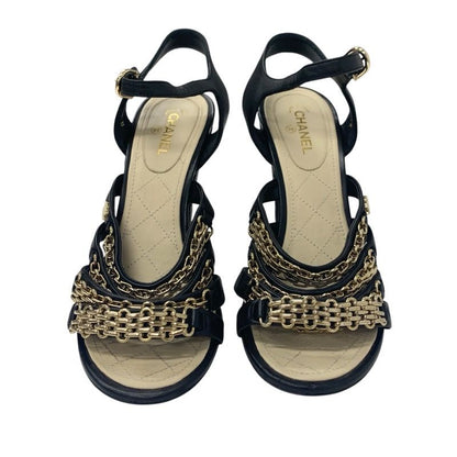 Chanel Sandals Shoes Leather Black Gold Coco Mark Chain Strap