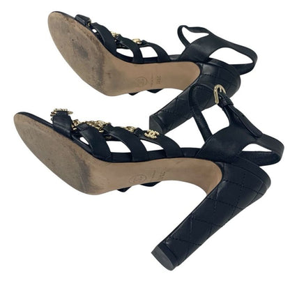 Chanel Sandals Shoes Leather Black Gold Coco Mark Chain Strap