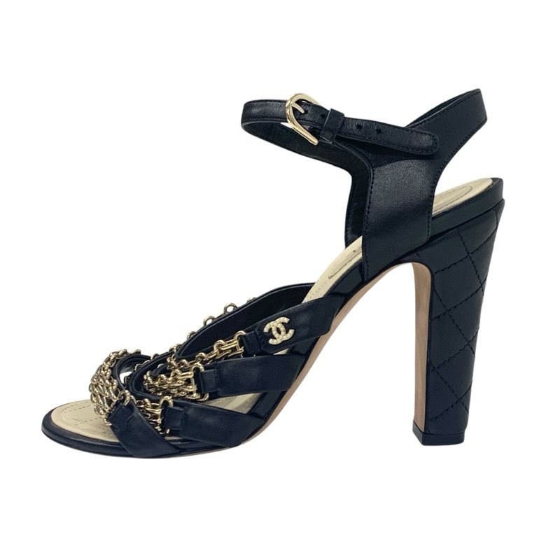 Chanel Sandals Shoes Leather Black Gold Coco Mark Chain Strap