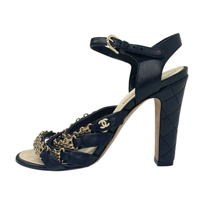 Chanel Sandals Shoes Leather Black Gold Coco Mark Chain Strap