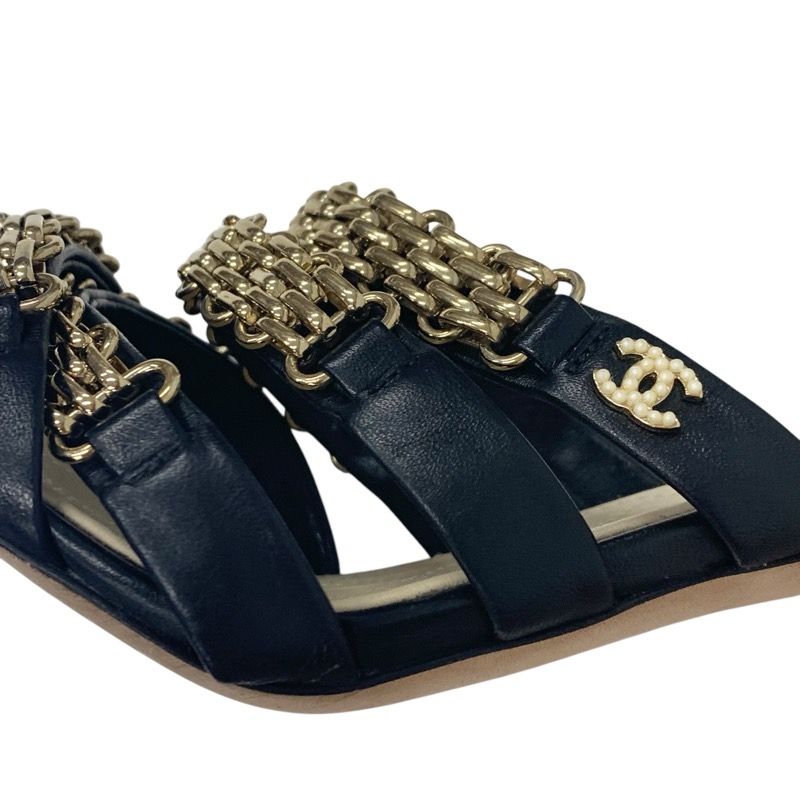 Chanel Sandals Shoes Leather Black Gold Coco Mark Chain Strap