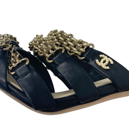 Chanel Sandals Shoes Leather Black Gold Coco Mark Chain Strap