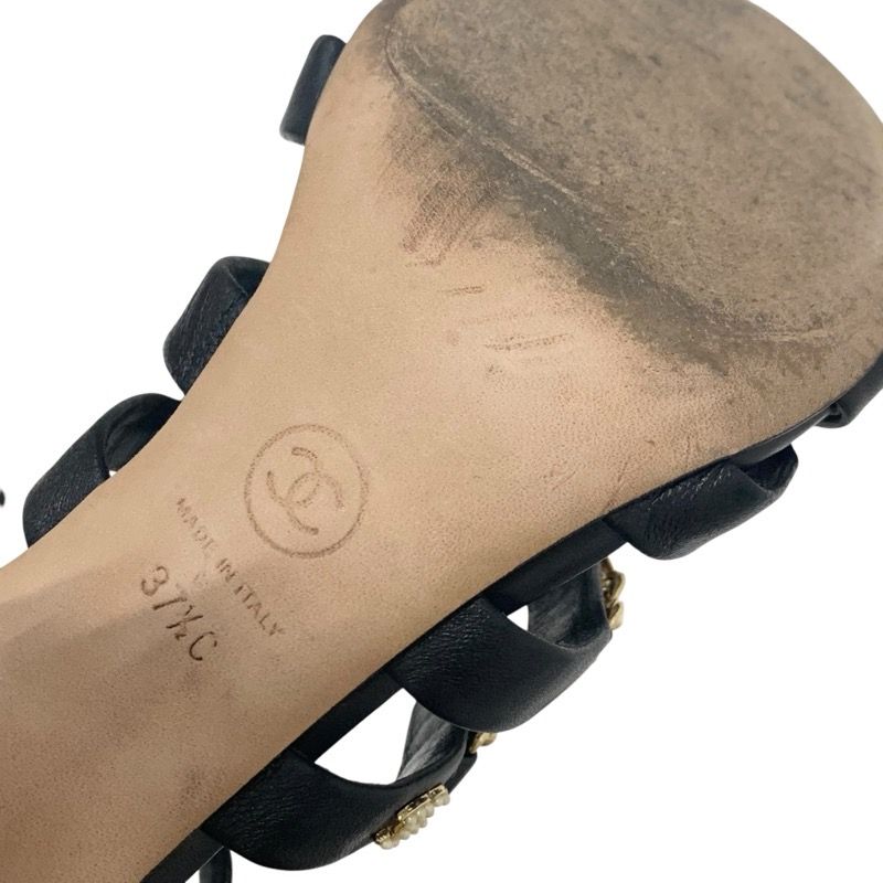 Chanel Sandals Shoes Leather Black Gold Coco Mark Chain Strap