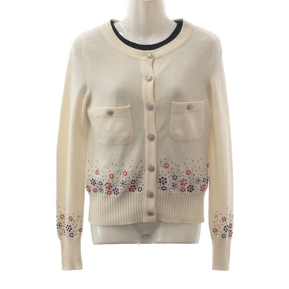 Chanel Flower Beaded 34 P43016k04343_aw005 Cardigan Cashmere White Ladies